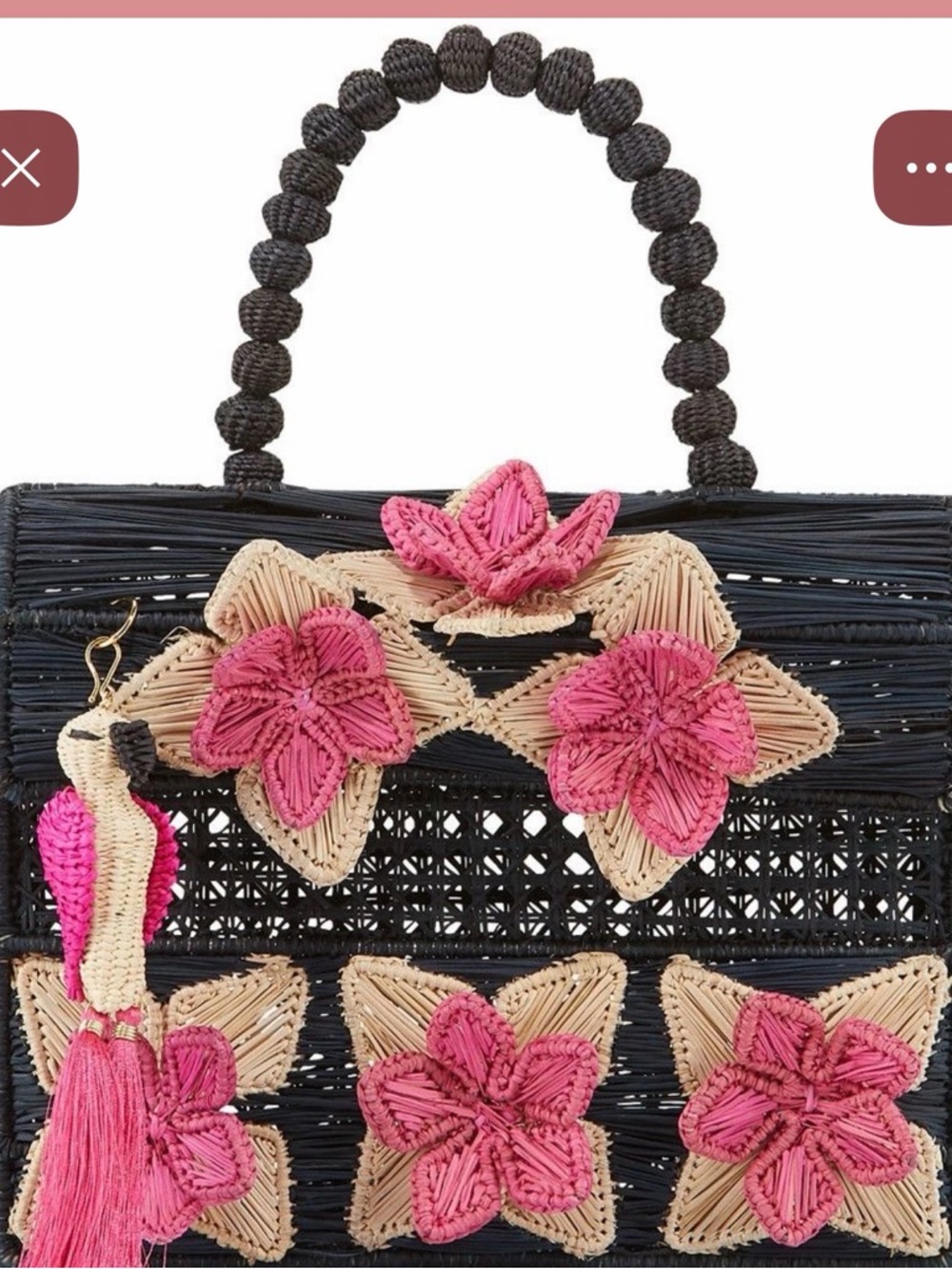 Mercedes Salazar Handwoven Black Straw Tote with Pink Floral Embellishments